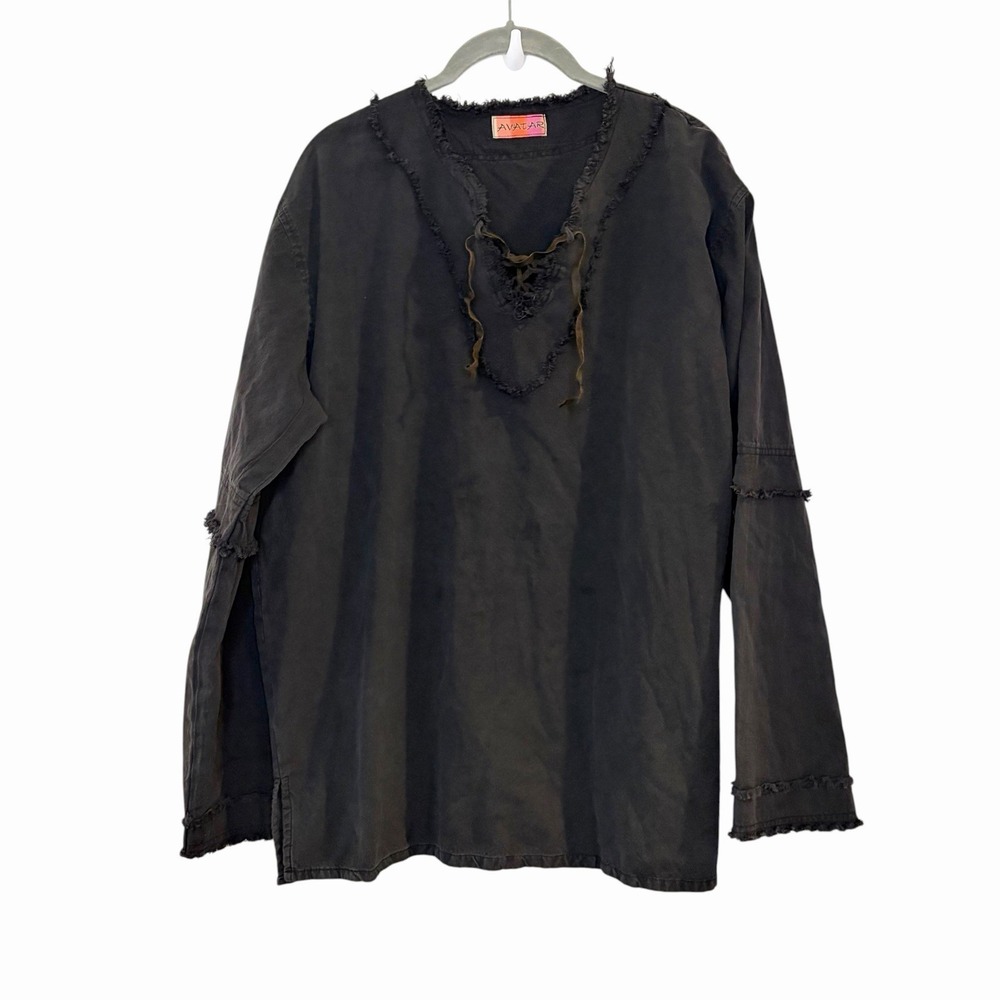 Avatar Fringe V-Neck Lace Up Renaissance Medieval Funky Artsy Tunic Top Black L